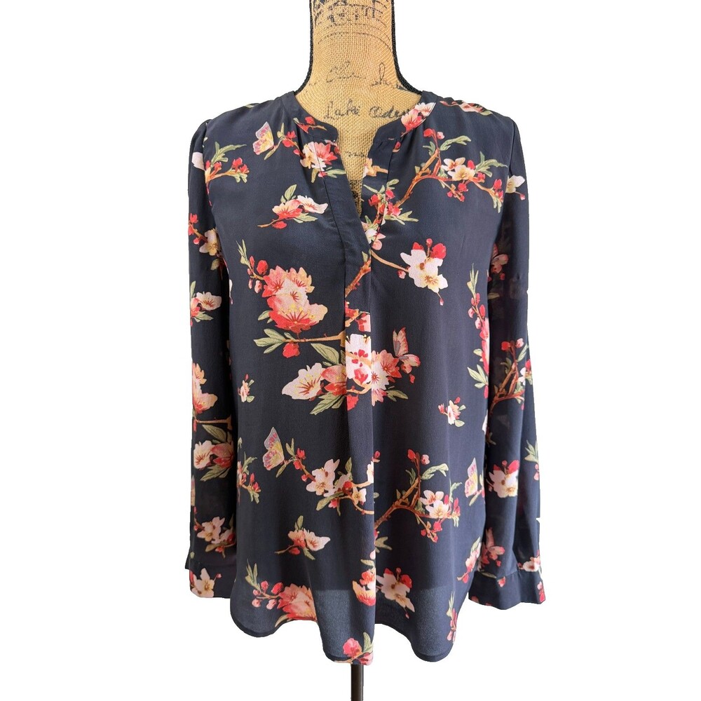 Joie 100% Silk Floral Cherry Blossom Butterfly Blouse Black Pink Size M